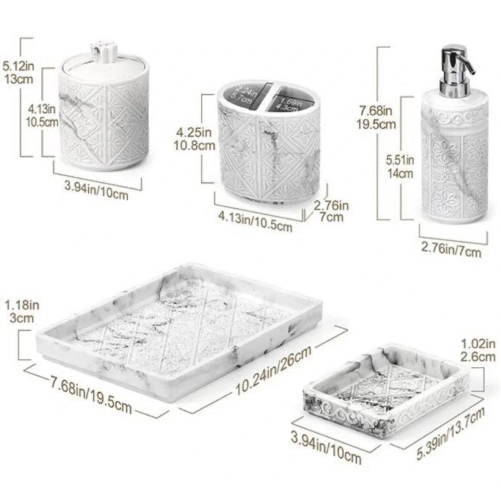 Bathroom Accessory Sets 5 Pcs, 3D Resin Vanity Tray, White